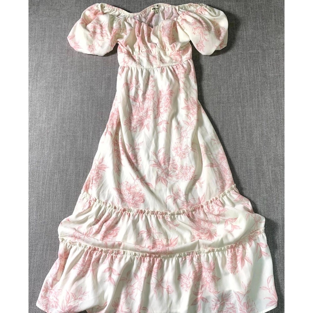 Inspired Hearts Maxi‎ Dress Womens Small White Pink Floral Tiered Off Shoulder